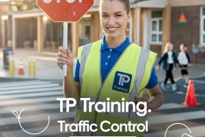 cheerful young woman acting as a Lollipop Lady, holding a stop sign at a school crossing 5